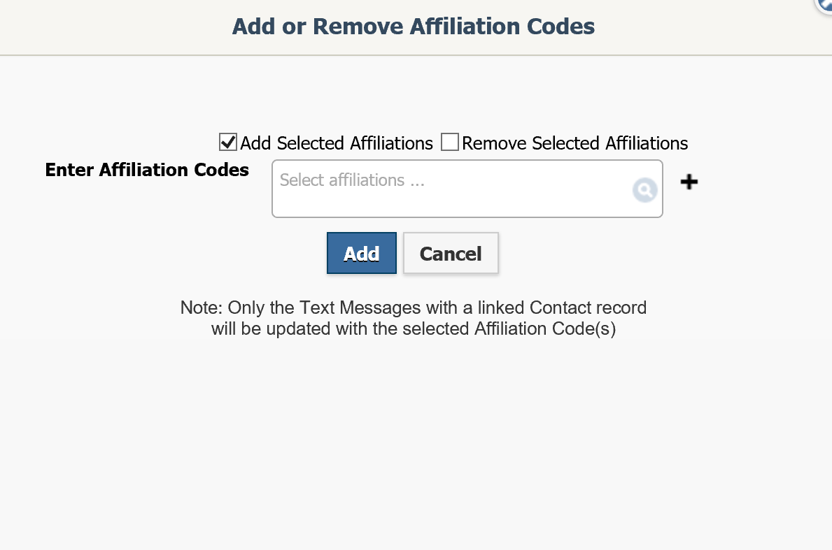 Add Affiliation Codes Associated with Pending Text Messages